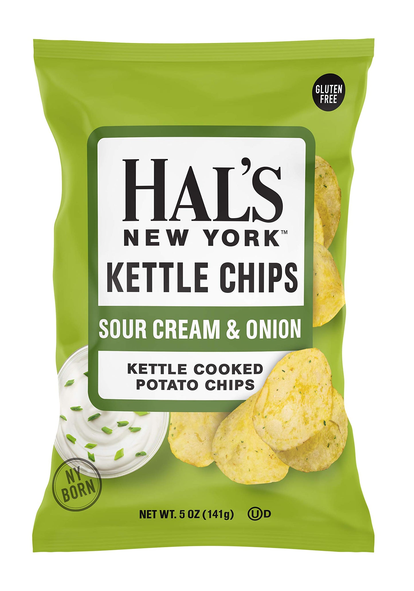 Hal's New York Kettle Chips, Sour Cream & Onion Kettle Cooked Potato Chips, Kosher, Gluten Free, 5 Ounce (Pack of 12)