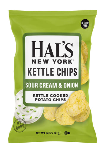 Hal's New York Kettle Chips, Sour Cream & Onion Kettle Cooked Potato Chips, Kosher, Gluten Free, 5 Ounce (Pack of 12)