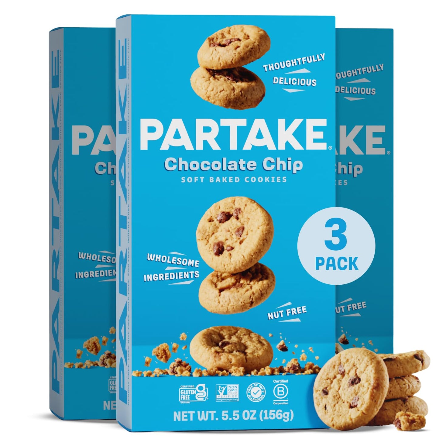 Gluten Free Partake Crunchy Soft Baked Chocolate Chip Cookies - Vegan - Free From The Top 9 Allergens Including Dairy  Wheat  Soy  Eggs  & Peanuts - Non Gmo - Safe School & Office Snack (3 Pack  5.5Oz Boxes)