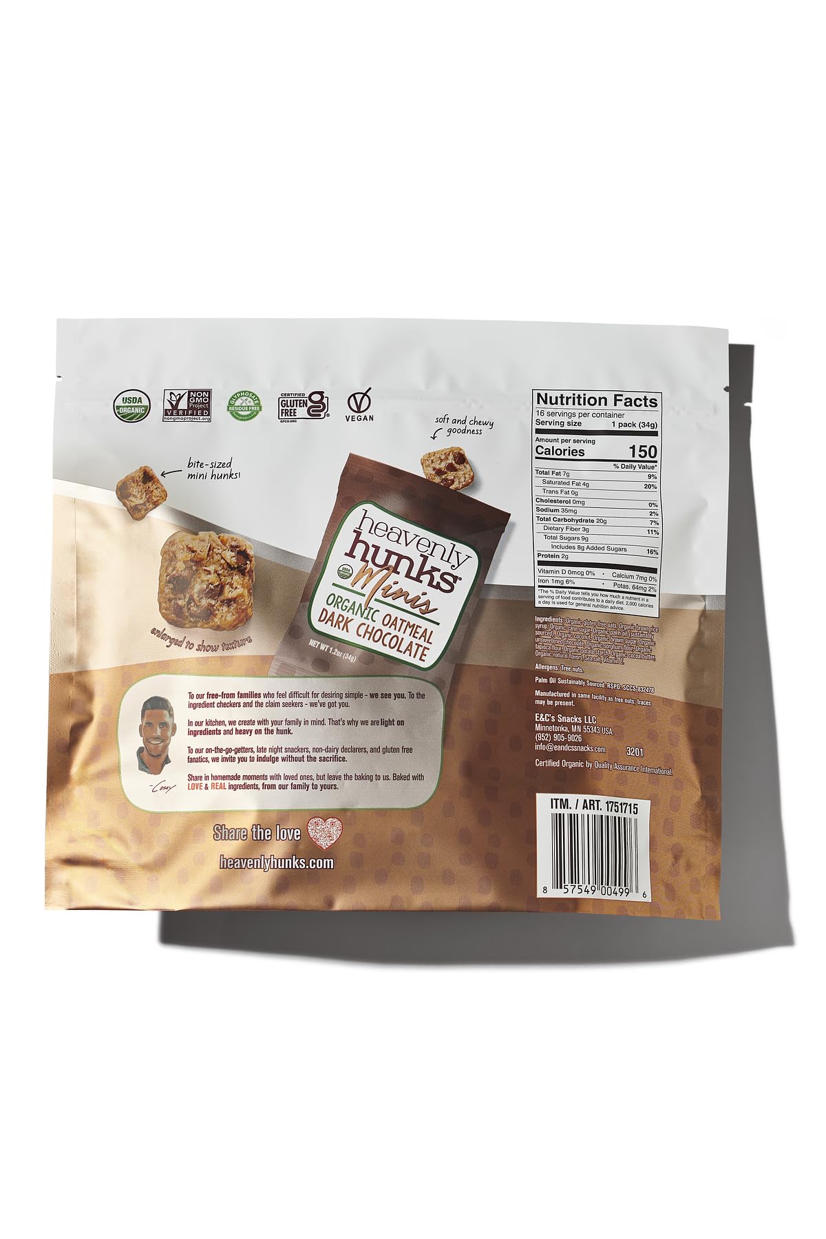 Heavenly Hunks Organic Oatmeal Dark Chocolate Chip Minis - 1.2oz Bag (16 Pack)