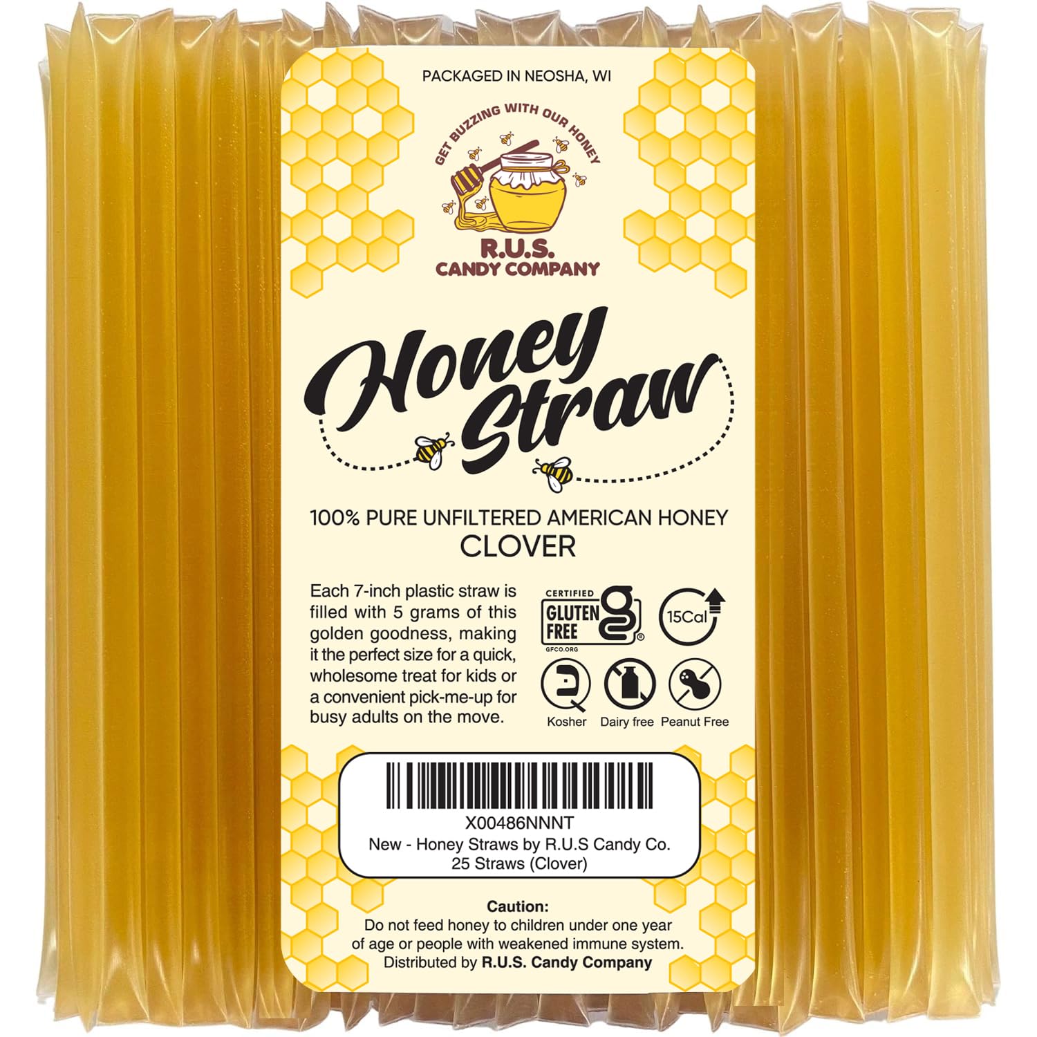 R.U.S. Candy Honey Sticks - 25 Pack Natural Clover Flavor Single Serve Stir Sticks