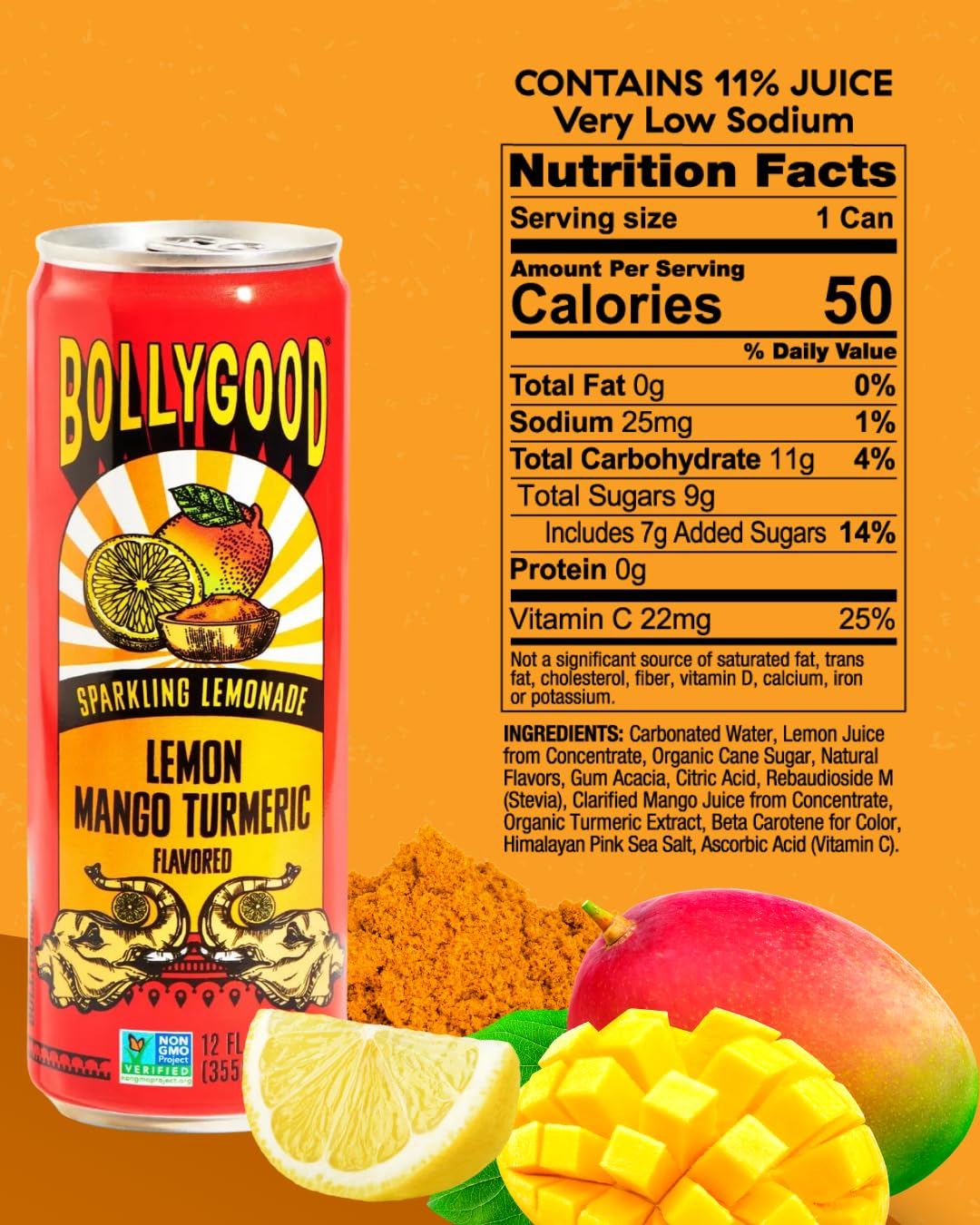 Bollygood Sparkling Lemonade, Lemon Mango Turmeric, Indian Inspired Beverage Nimbu Pani, No Artifical Colors Or Flavors, Non-Gmo