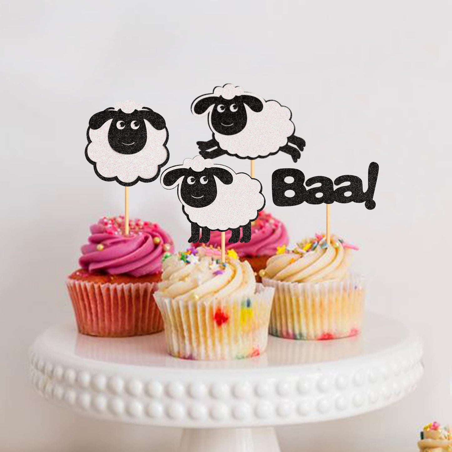 Ercadio 24 Pack Sheep Cupcake Toppers Black Glitter Farm Animals Cupcake Picks Sheep Baa Cupcake Decors Sheep Theme Baby Shower