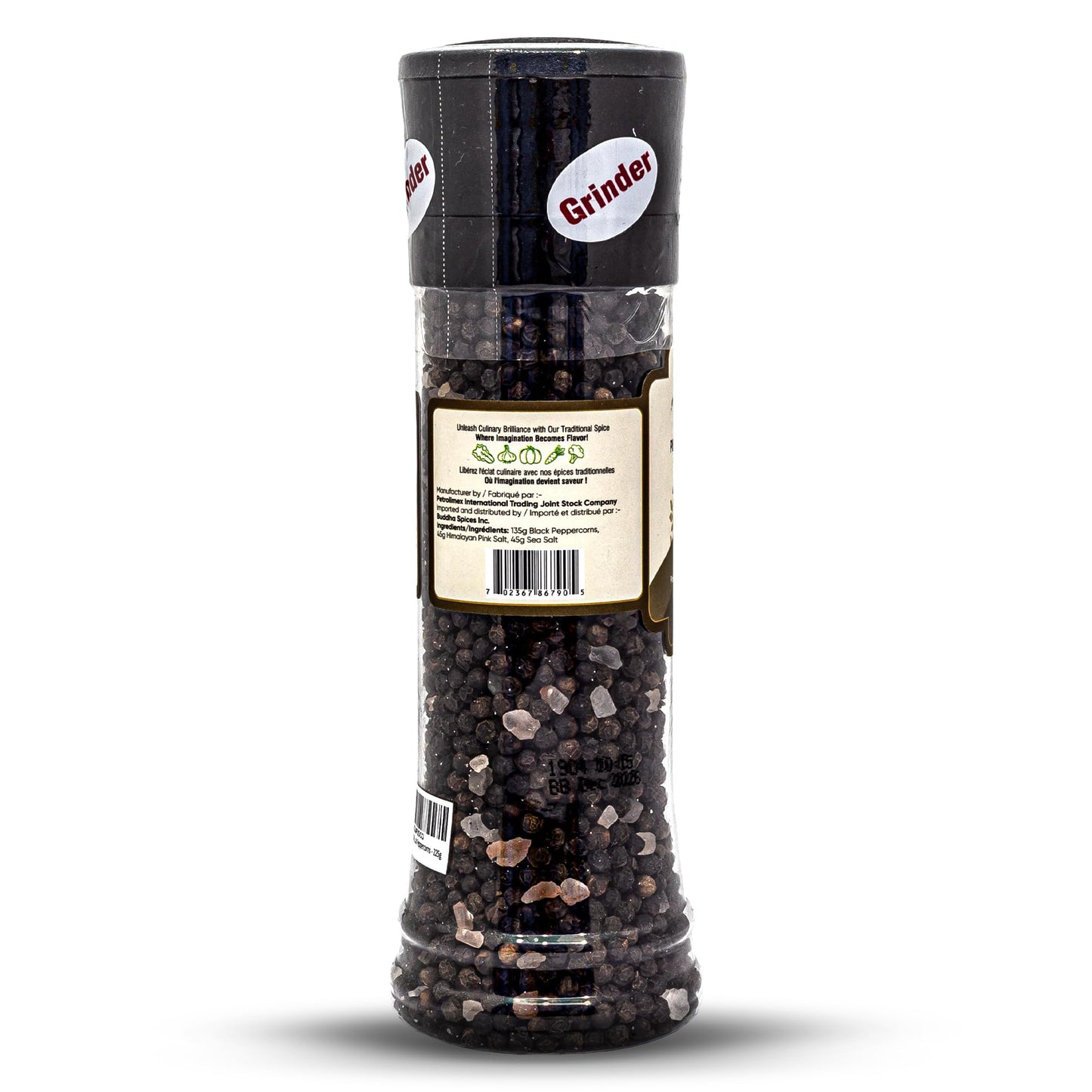 Buddha Spices Inc. Himalayan Pink Salt & Sea Salt with Black Peppercorns - 8oz (225g) Grinder