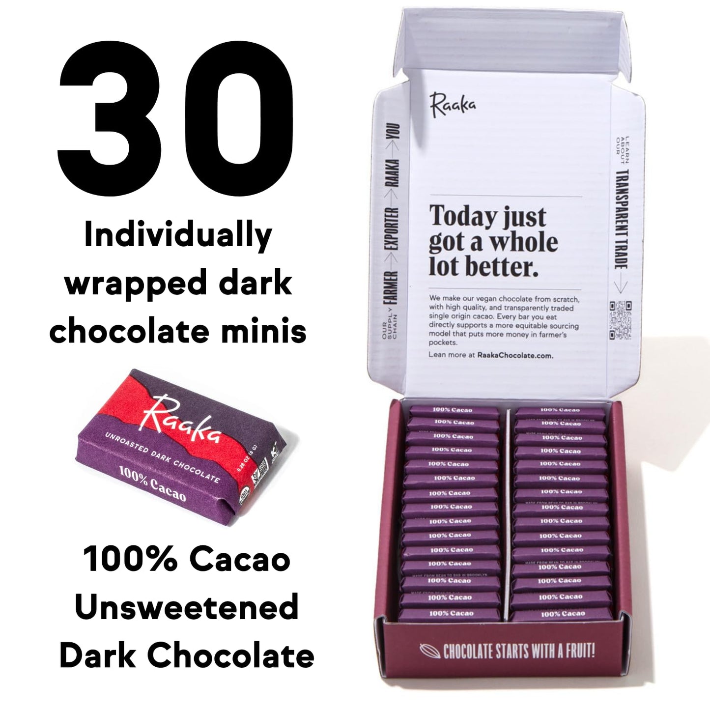Raaka 100% Dark Chocolate Gift Box | Unsweetened, No Sugar Added Chocolate | Organic, Vegan, Gluten Free, Paleo | Box Of 30 Indi
