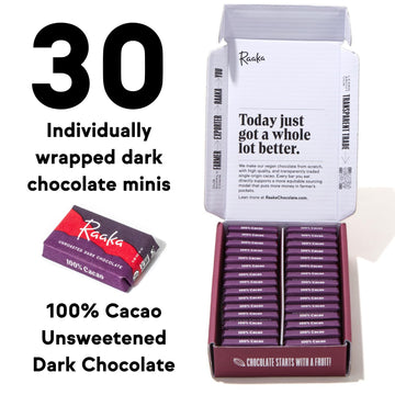 Raaka 100% Dark Chocolate Gift Box | Unsweetened, No Sugar Added Chocolate | Organic, Vegan, Gluten Free, Paleo | Box Of 30 Indi