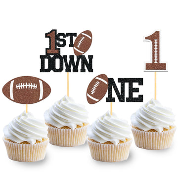 24Pcs Football 1St Birthday Cupcake Toppers, First Birthday Football Cake Decorations, Football Cupcake Toppers For Football Bab