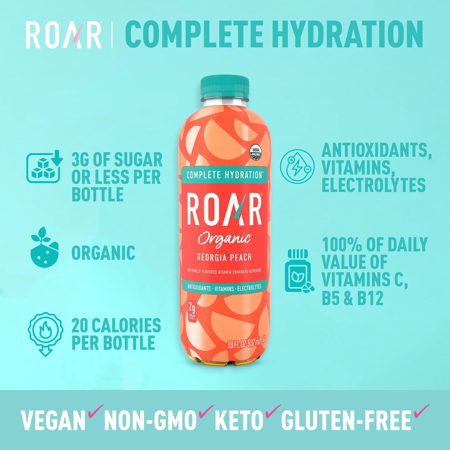 Roar Complete Hydration Organic - Electrolyte Drinks Loaded With Vitamins C, B5, B12 - Non-Gmo, Gluten-Free - Georgia Peach - 12 Pc