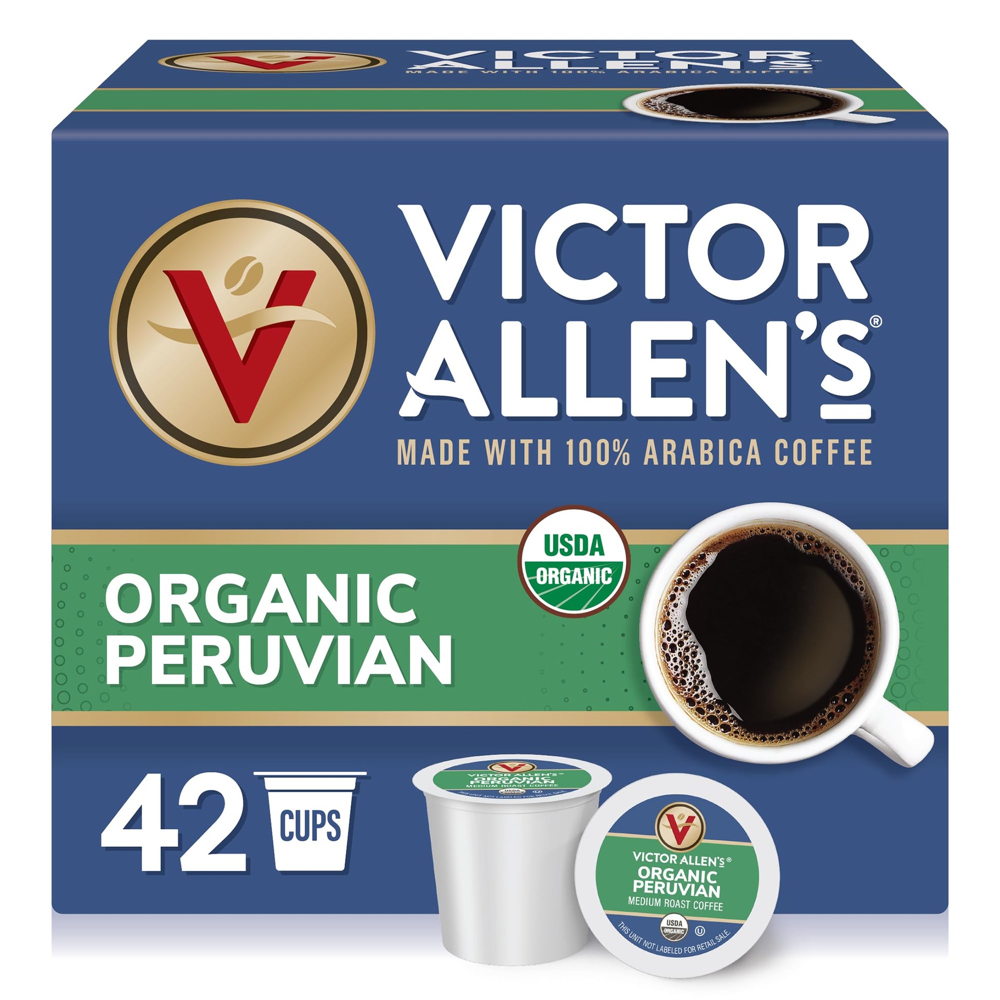 Victor Allens Coffee Organic Peruvian Medium Roast Coffee Pods, 42 Count, Compatible with Keurig K-Cup Brewers, Brown