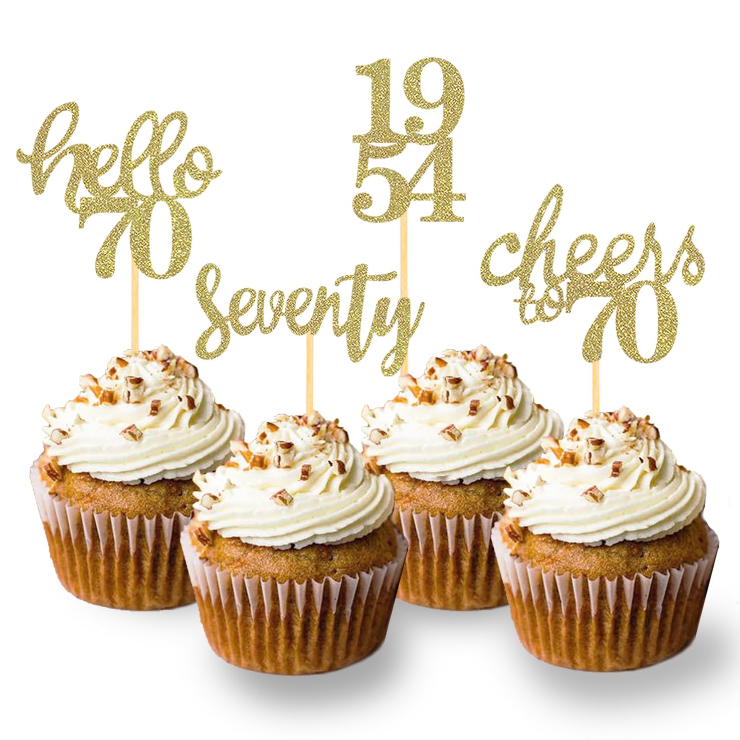 Moitkptt 24 Pcs Gold Glitter Cupcake Toppers for 70th Birthday Party Decorations, Model BIR70, Paper Material