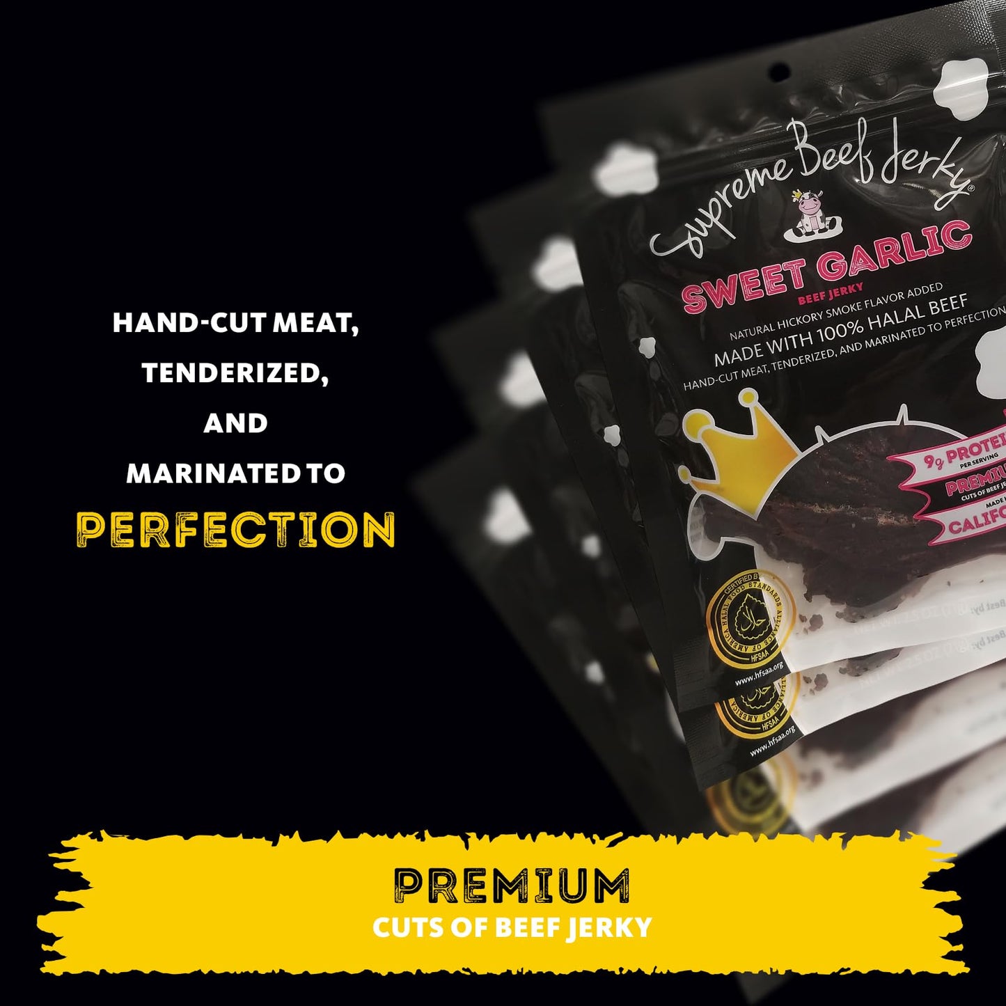 Supreme Beef Jerky, Halal Beef Jerky, Zabiha Halal Certified Beef, Handcrafted Gourmet Meat Snacks, 2.5 Oz Sweet Garlic, 2.5 Oun