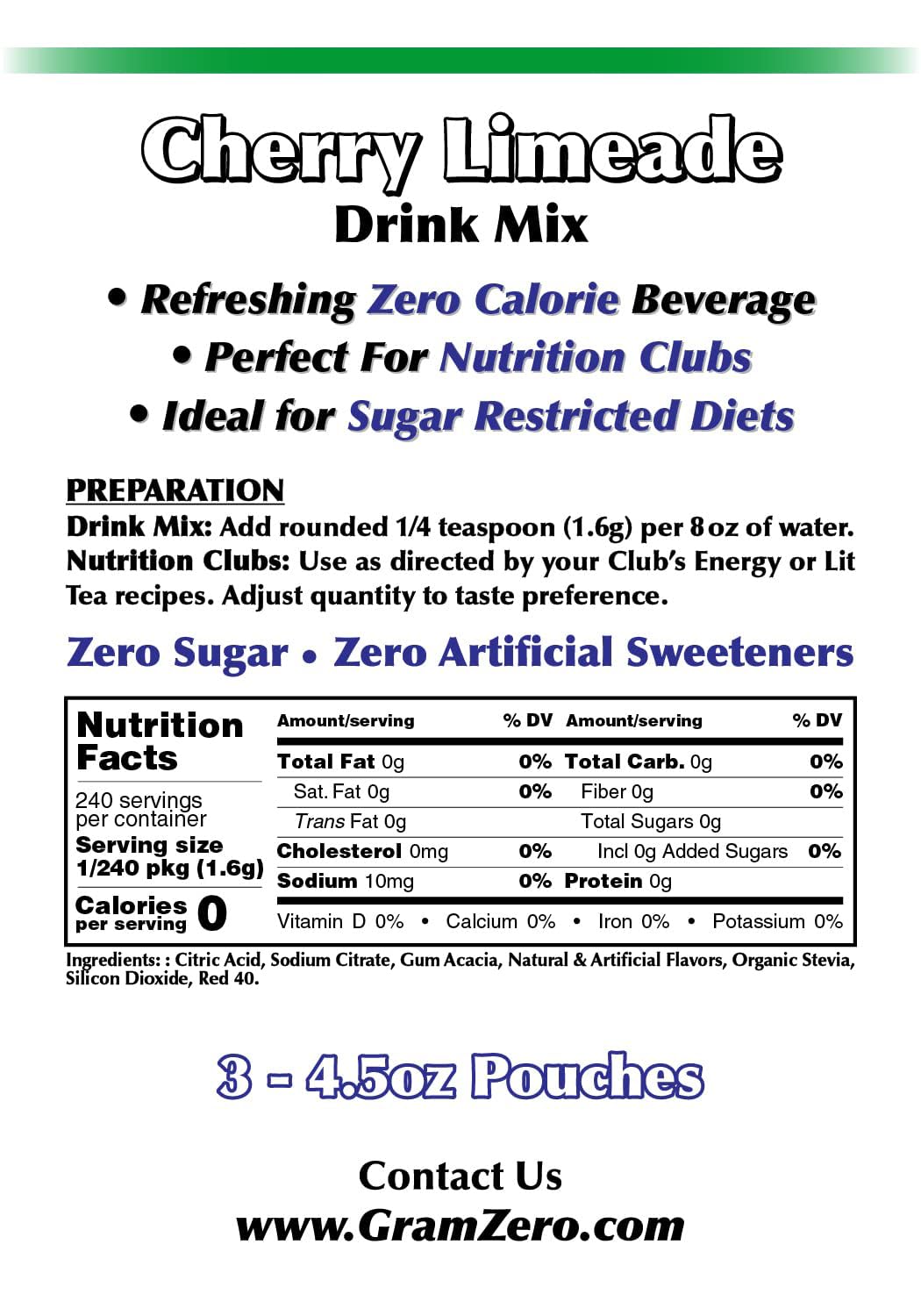 Gramzero Cherry Limeade Zero Calorie Sugar Free Drink Mix, Great For Nutrition Club Loaded Teas, Stevia Sweetened