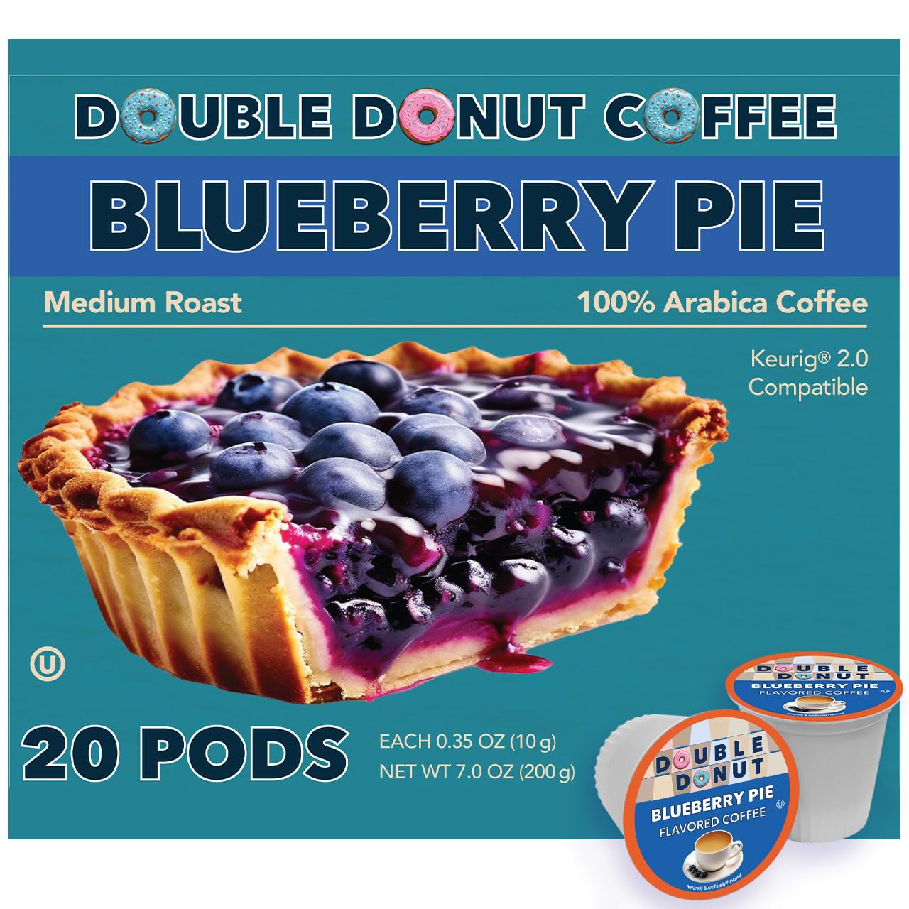 Double Donut Coffee Blueberry Flavored Coffee Pods, Medium Roast, 20 Count, Compatible with Keurig K Cups