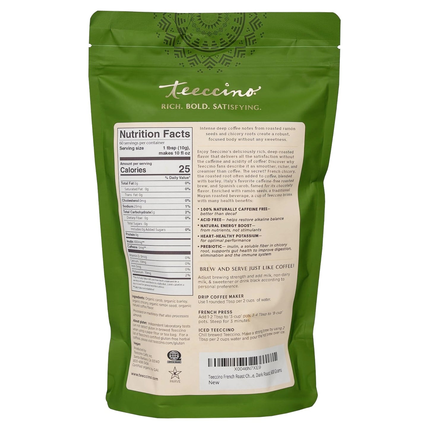 Teeccino French Roast Chicory Coffee Alternative, Caffeine-Free, Dark Roast, 1.1 Pound