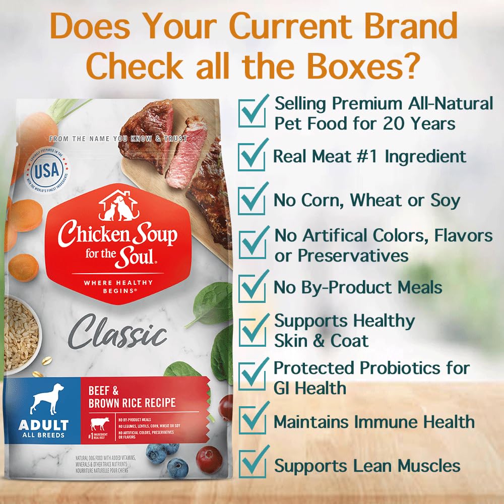 Chicken Soup For The Soul All Natural Enhanced Mature-Themed Dry Dog Food, Real Meat First Ingredient, No By-Products, Supports Gut & Immune Health, Beef & Brown Rice, 4.5Lb