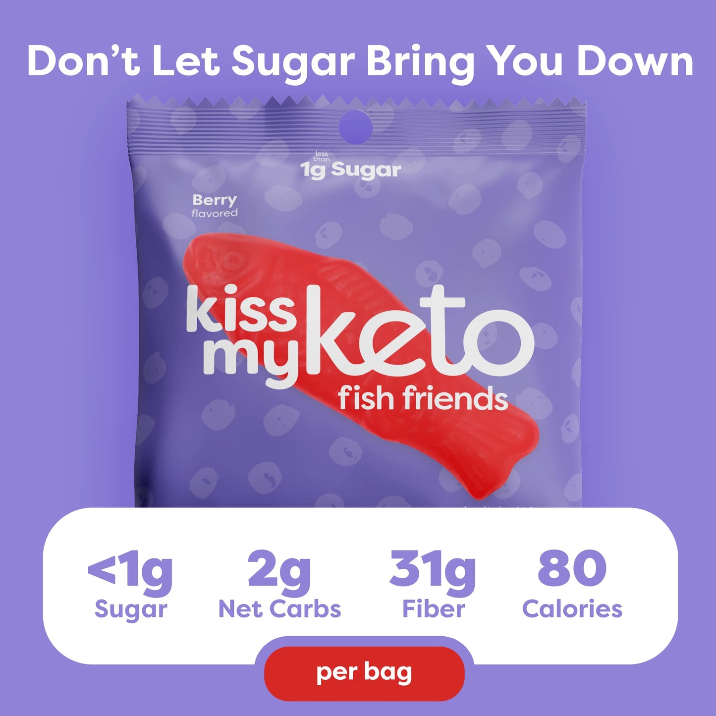 Kiss My Keto Gummies - Low Carb Vegan Gummy Fish Candy - Pack of 6 - Red