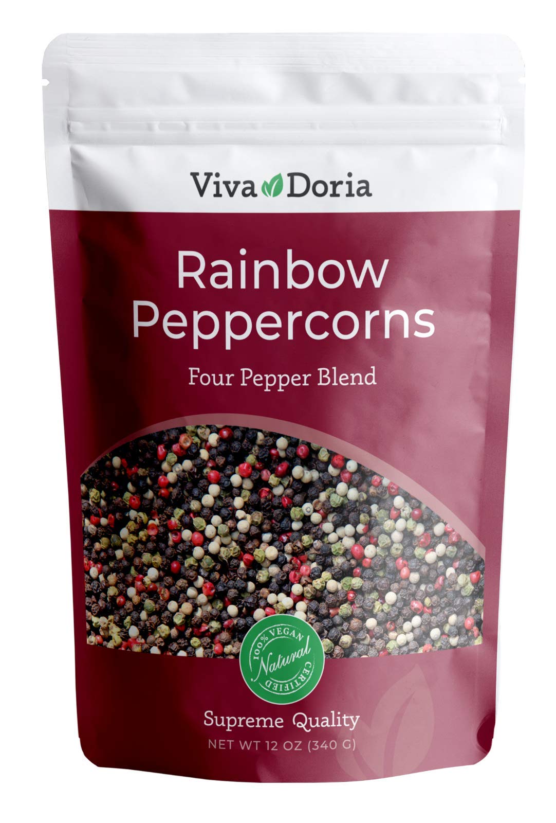 Viva Doria Rainbow Peppercorns Blend, Steam Sterilized Whole Black Pepper, Whole Green Pepper, Whole Pink Pepper, Whole White Pe
