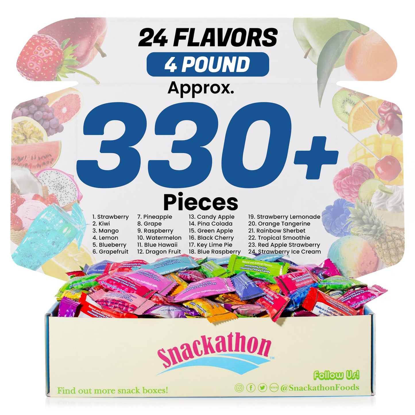 Fruit Chew 24 Flavors, Bulk 330+ Pieces, 4 Pound (4 Original, 3 Tropical, 3 Combos, 3 Sweet and Sour, 3 Fantasy, 3 Dessert, 3 Be