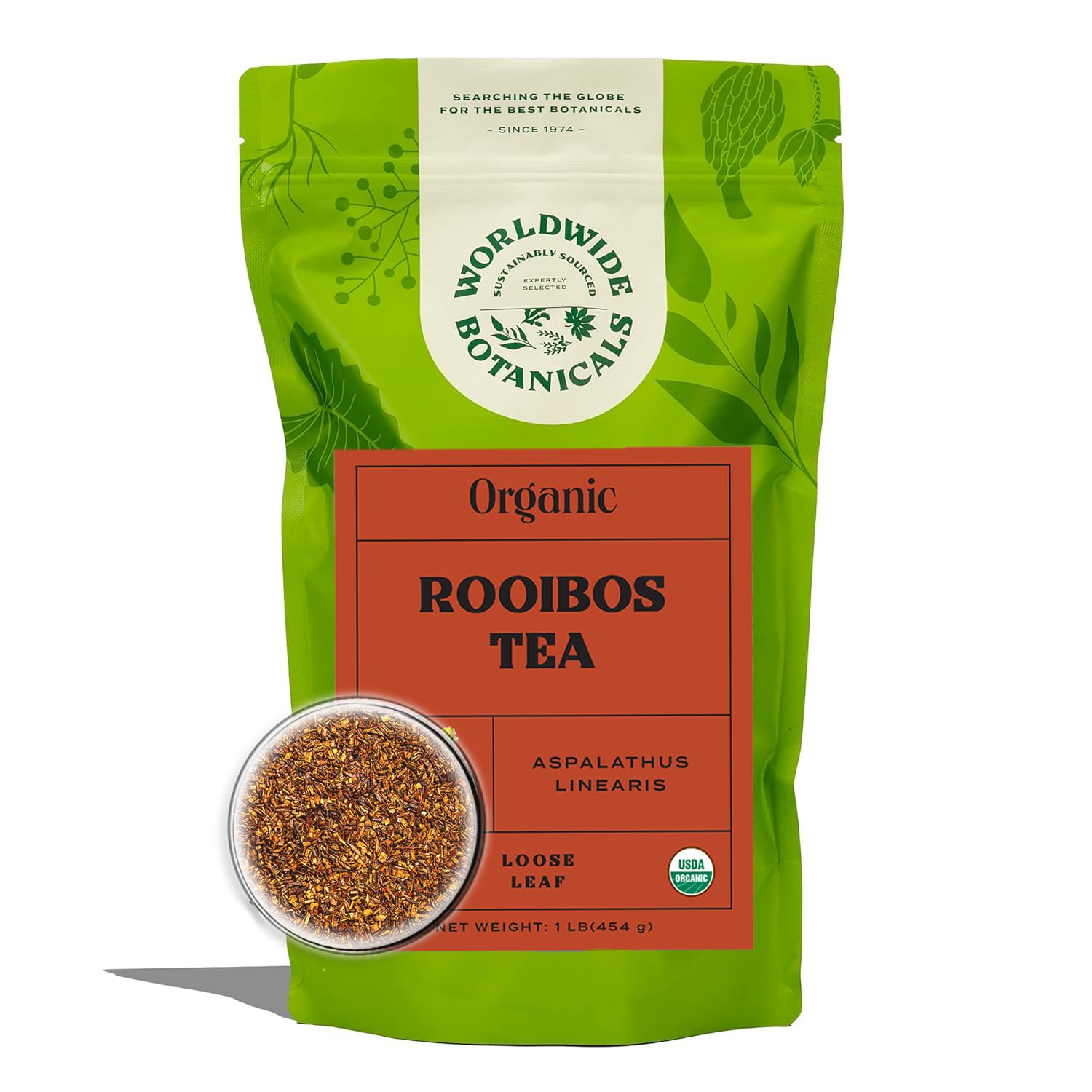 Worldwide Botanicals Organic Red Rooibos Tea - 1Lb - 100% South African Aspalathus Linearis - Loose Leaf  Cut And Sifted - Resealable Bag For Freshness  1 Pound Bag