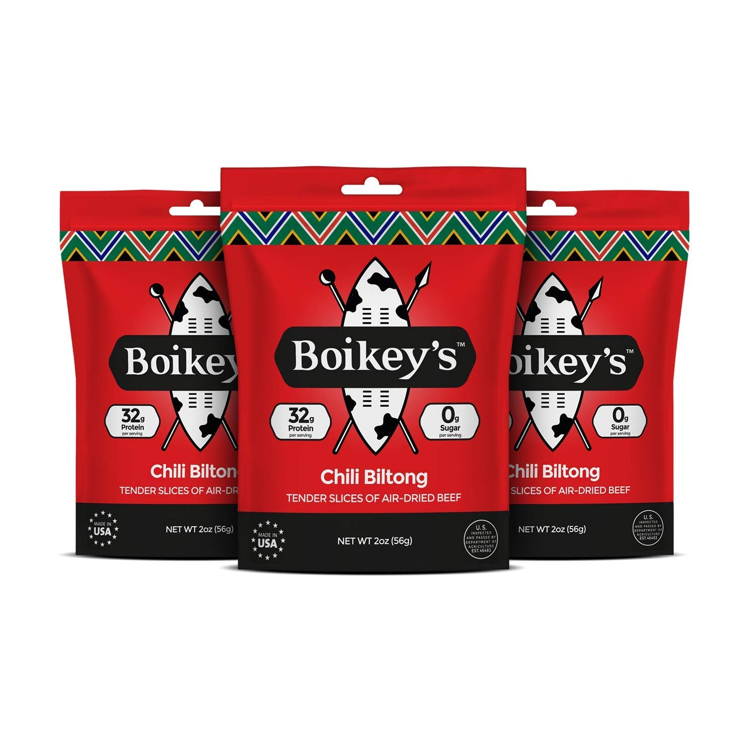 Boikeys Biltong | South African Style Beef Jerky. Gluten Free. No Sugar. Keto Friendly. (Chili, 3 Pack - 2 Ounce Pouches)