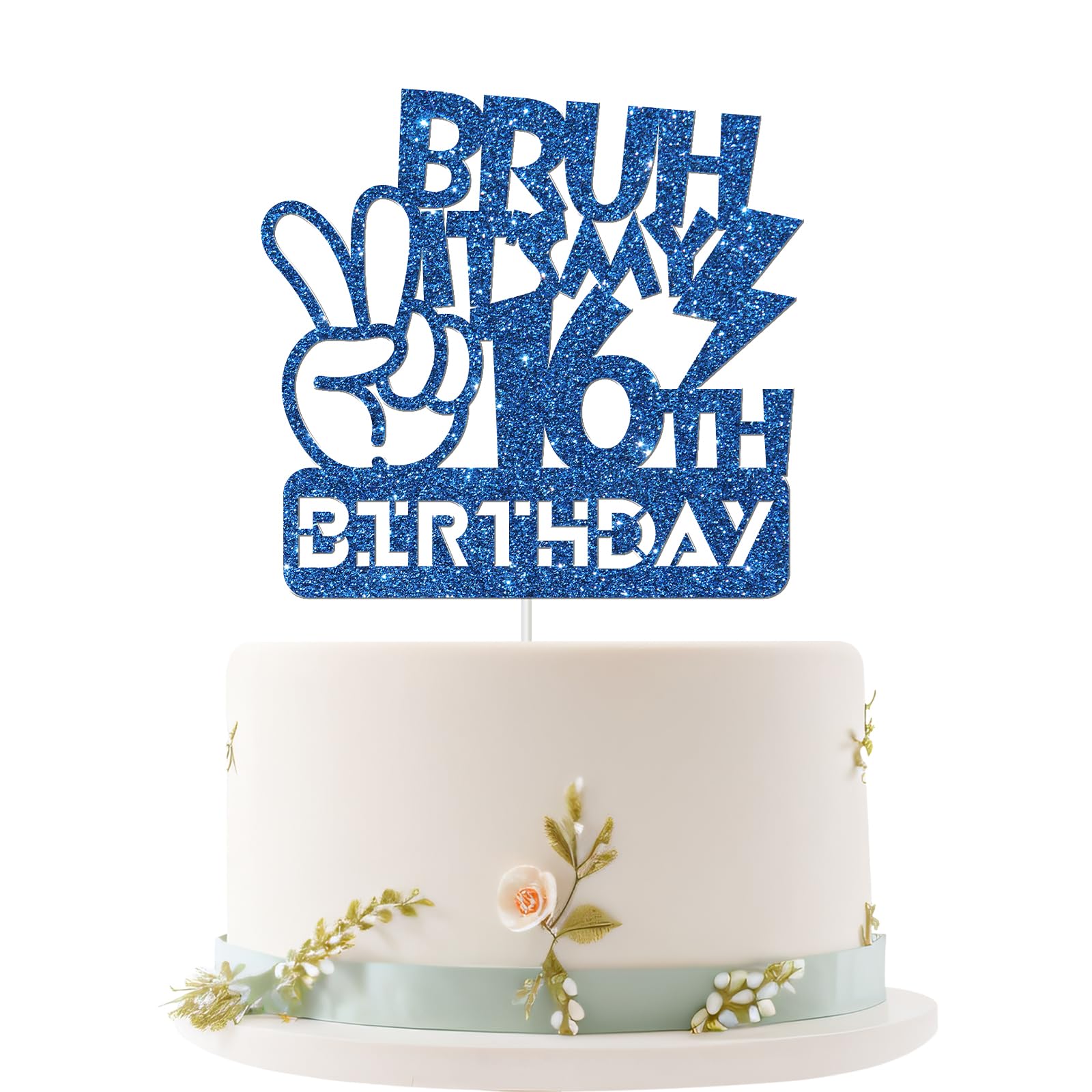 Embhhor Bruh It's My 16th Birthday Cake Topper, Bro I'm 16, Teen Boys Happy 16 Birthday Party Cake Decorations Favor, Blue Glitt
