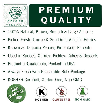 Spices Village Allspice Berries Whole, Natural Cooking Spice, 8 oz, Gluten Free, Non GMO, KETO Friendly, Resealable Bulk Bag