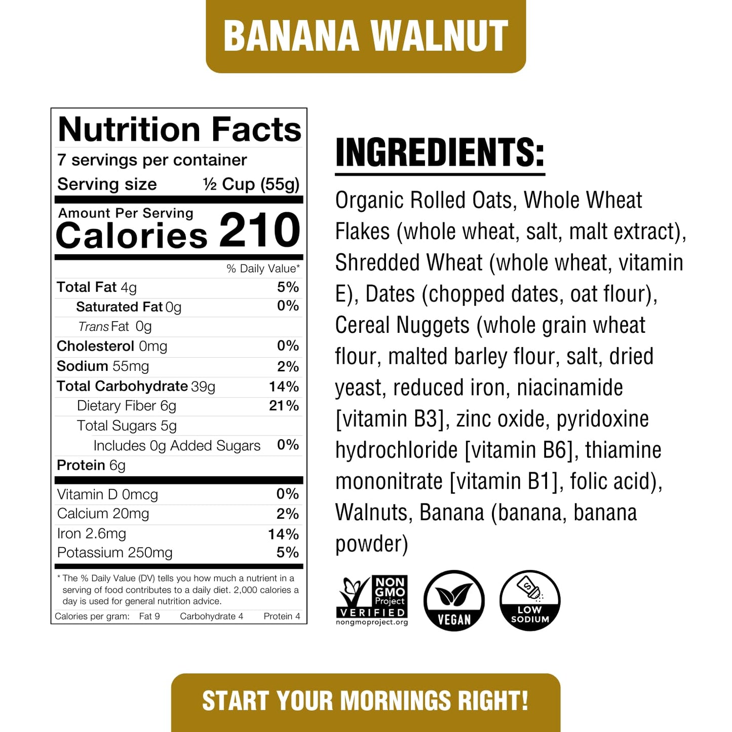 PLANTSTRONG Banana Walnut Cereal, Non-GMO, Whole-Grain, 14oz Bags, 6-Pack