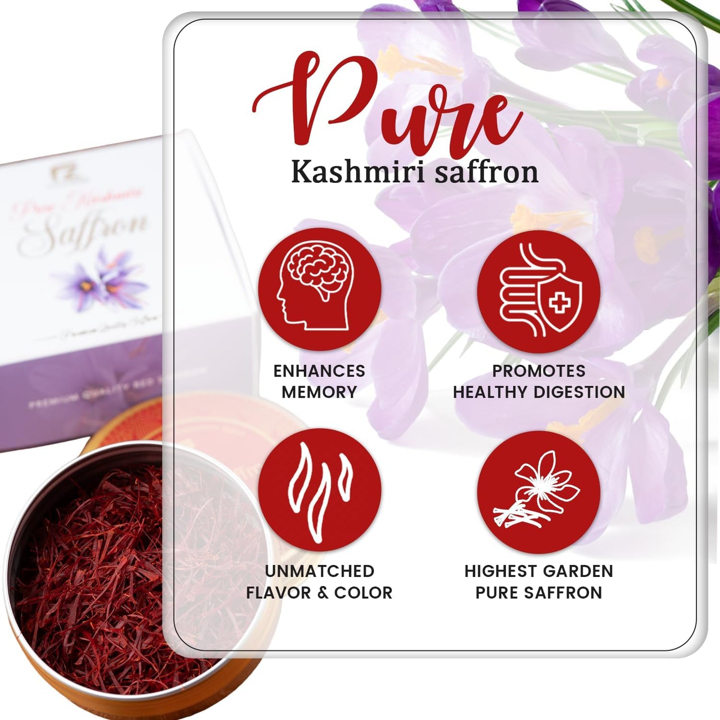 FOUZEE Pure Kashmiri Saffron Threads, 1g Pack, Dark Red, Ideal for Cooking, Spices, Rice, Tea, Desserts, Risotto