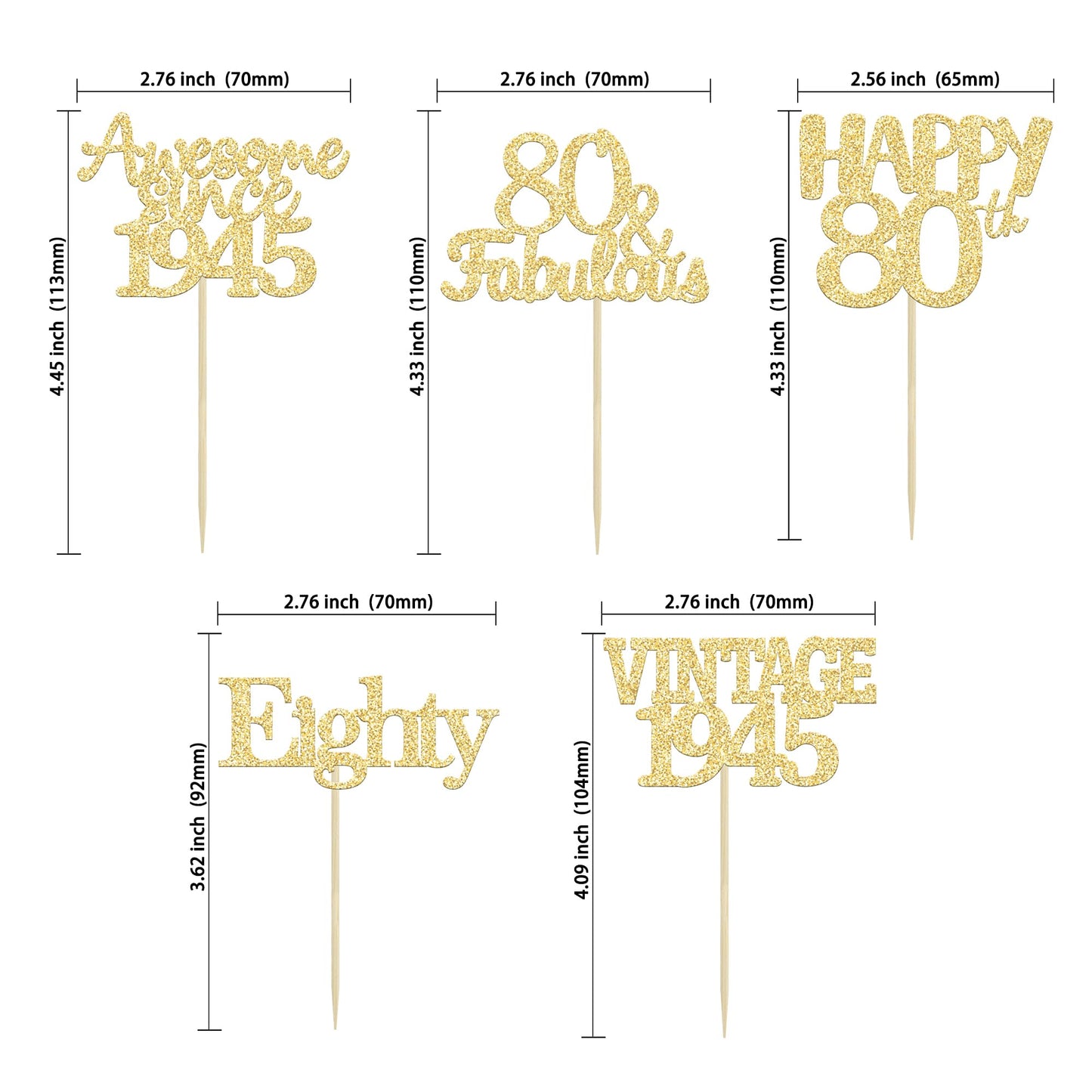 Gyufise 30Pcs Gold Glitter 80Th Birthday Cupcake Toppers Vintage 1943 Awesome Since 1943 Hello 80 Cake Topper Seventy 80 & Fabul