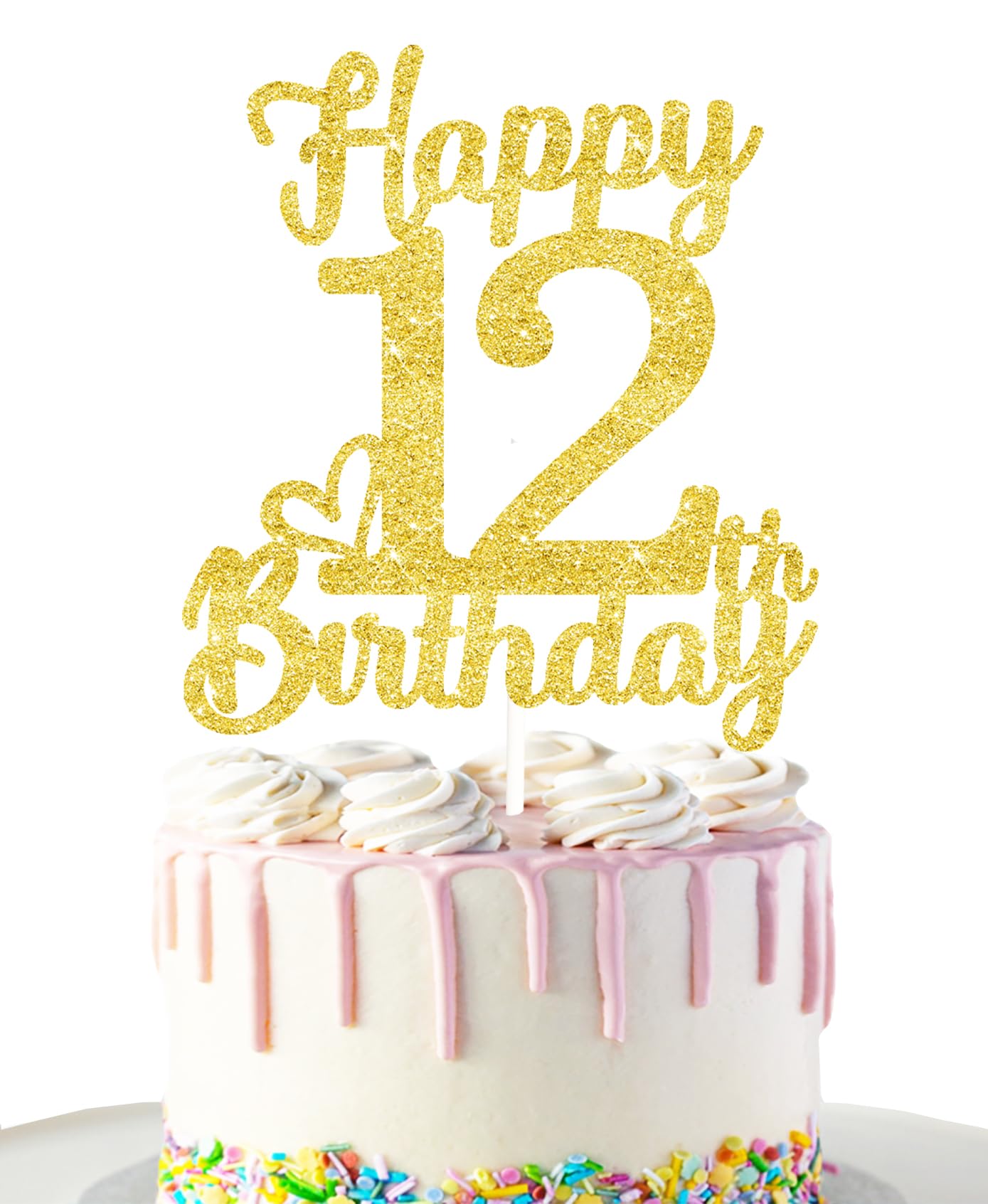 12Th Birthday Cake Topper - Double Sided Gold Glitter, Happy 12Th Birthday Cake Topper For Girls,12 Cake Decorations For Girls,