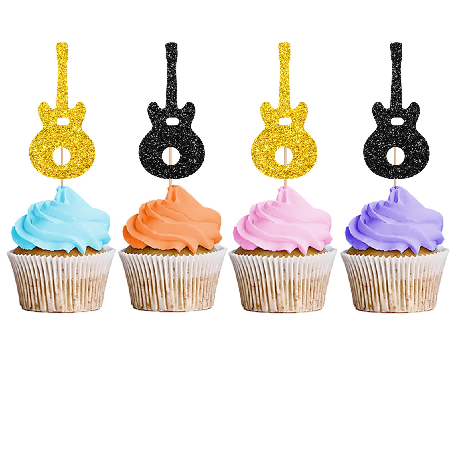 24Pcs Guitar Cupcake Toppers, Rock Cupcake Topper For Boys, Music Notes Food Picks, Guitar Player Birthday Party Decoration - Bl