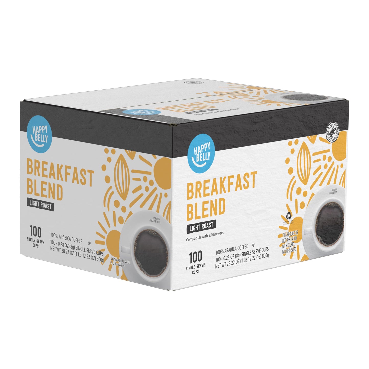 Happy Belly Light Roast Coffee Pods, Breakfast Blend, Compatible with Keurig 2.0, 100 Count
