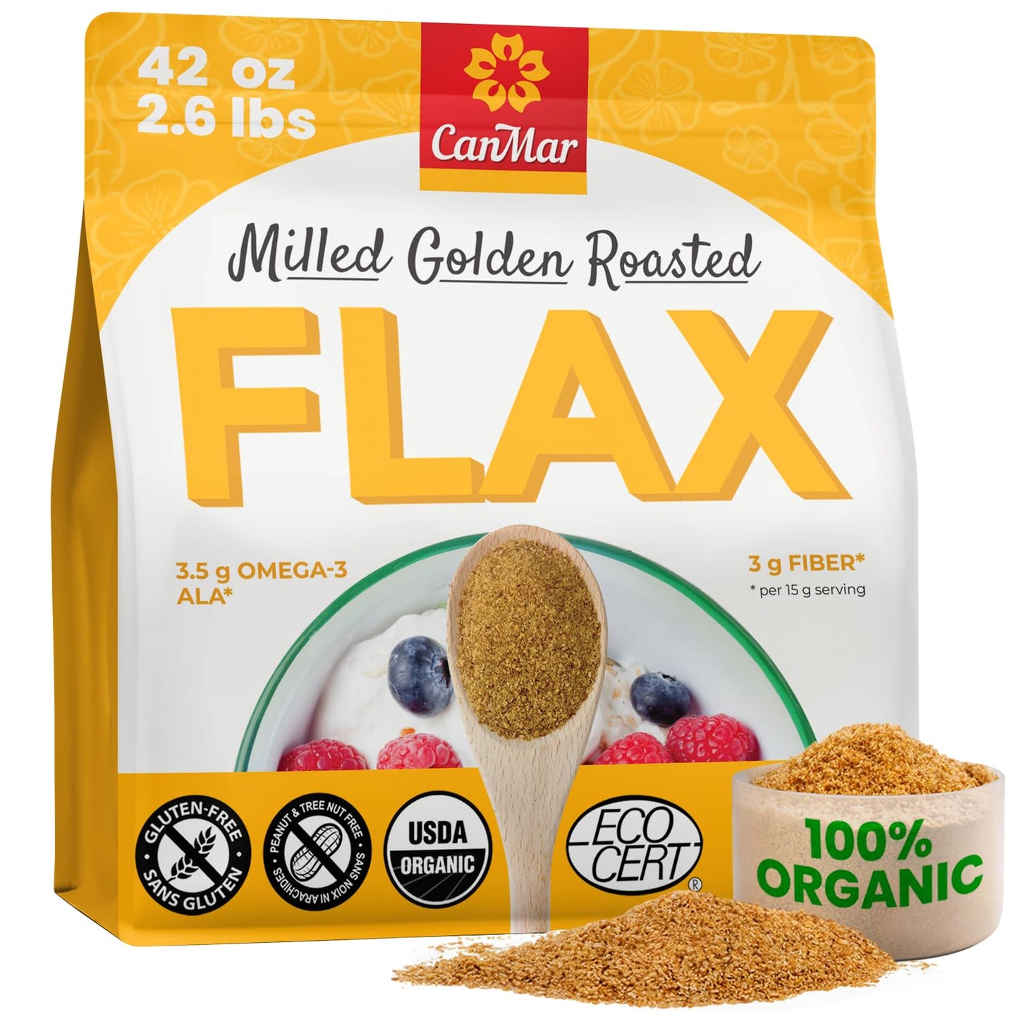 CanMar Ground Milled Golden Roasted Organic Flaxseed, 42 oz - Vegan, Non-GMO, Gluten Free - Flaxseed Meal with Omega-3, Fiber - 