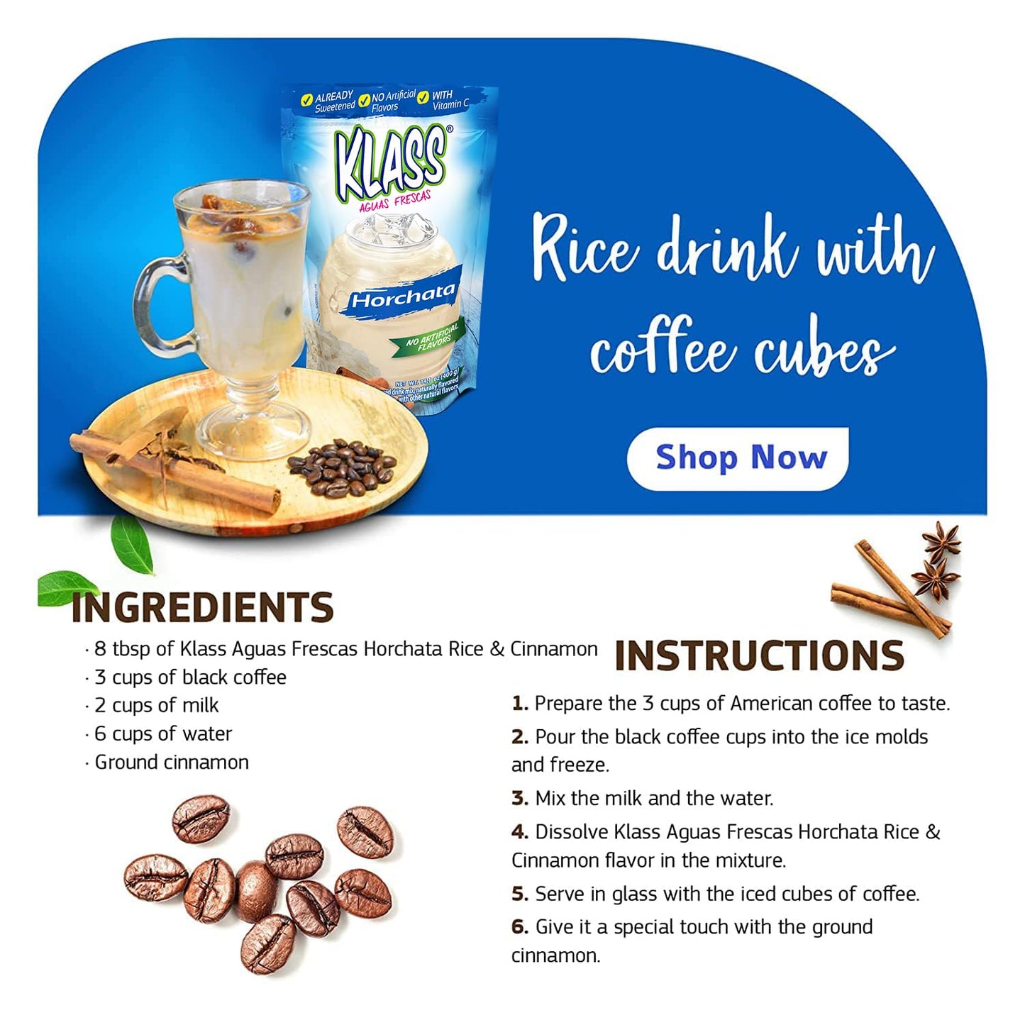 Drink Mix Aguas Frescas | Klass Horchata | Flavors From Natural Sources, No Artificial Flavors, With Vitamin C (Makes 7 to 9 Qua