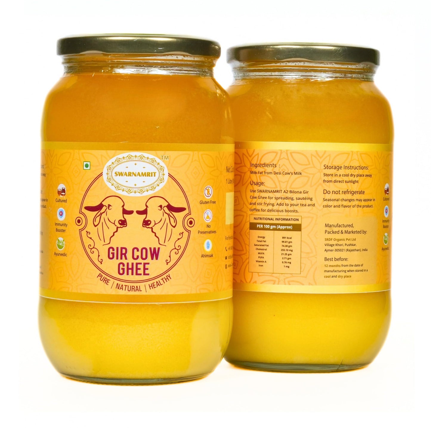 Swarnamrit A2 Desi Gir Cow Ghee Vedic Bilona Method Glass Jar Packaging (1 Litre X 2)