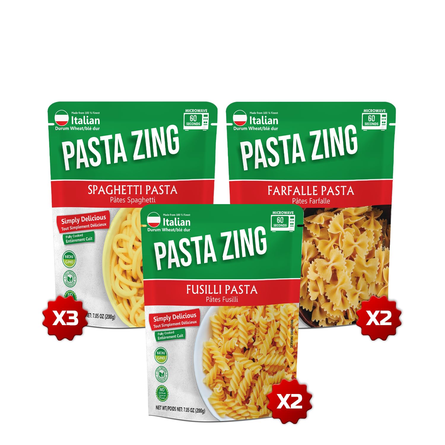 Pasta Zing Microwavable Variety Pasta Pack of 7 | 2x Farfalle | 3x Spaghetti | 2x Fusilli Pasta | Microwave Pasta Ready To Eat i