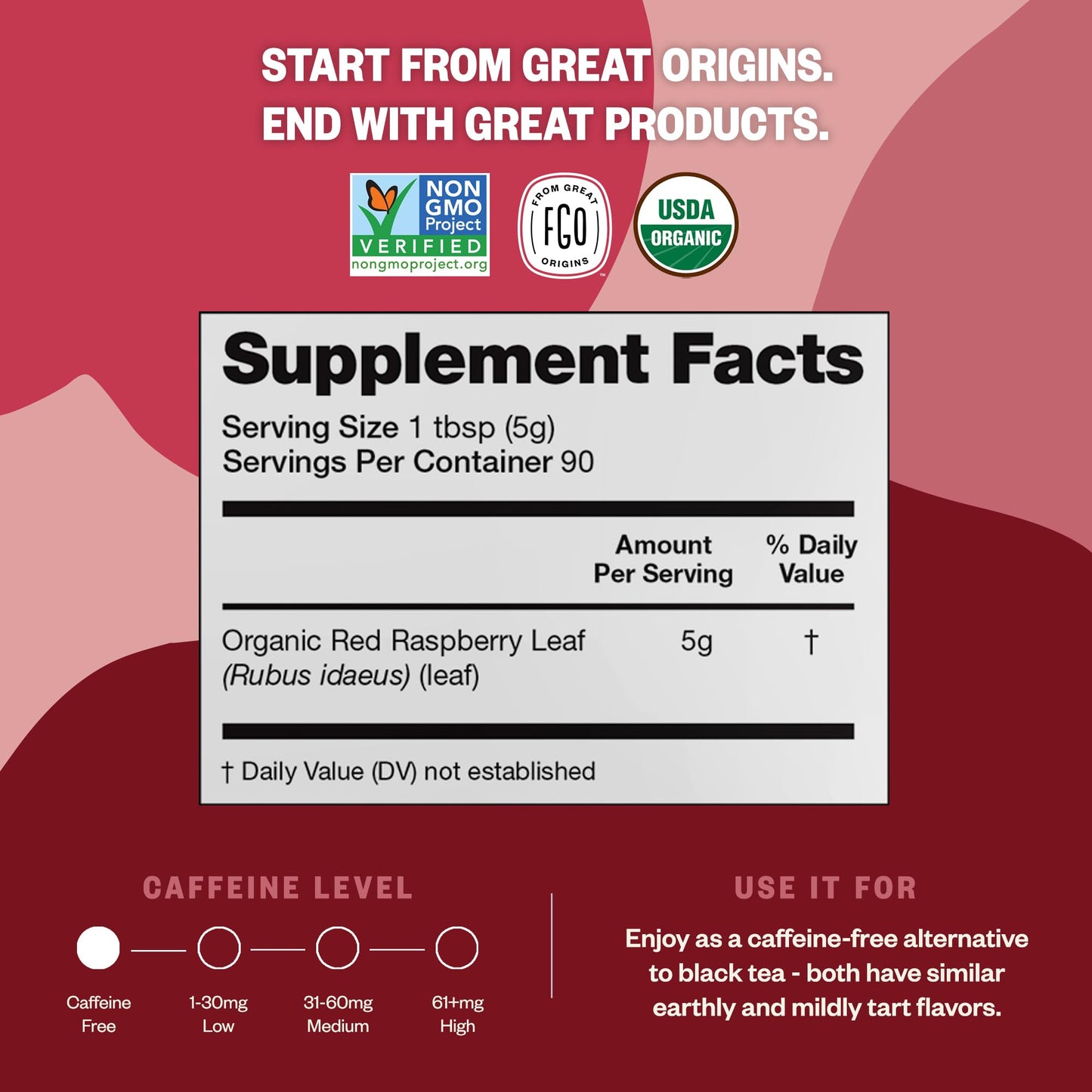 FGO Organic Red Raspberry Loose Leaf Herbal Tea, Caffeine Free, 16oz Bulk Resealable Pouch