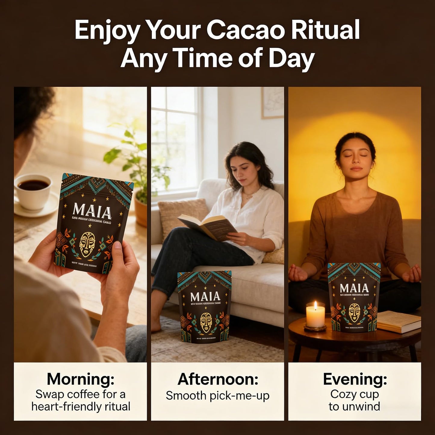 Maia Ceremonial Cacao - 100% Pure Natural  Enhanced with Flavanol  Theobromine  Magnesium & Natural Flavonoids Blend  For Mental Clarity  Focus  Energy Boost & Mood Elevation  Zero Sugar  Non-GMO  Vegan
