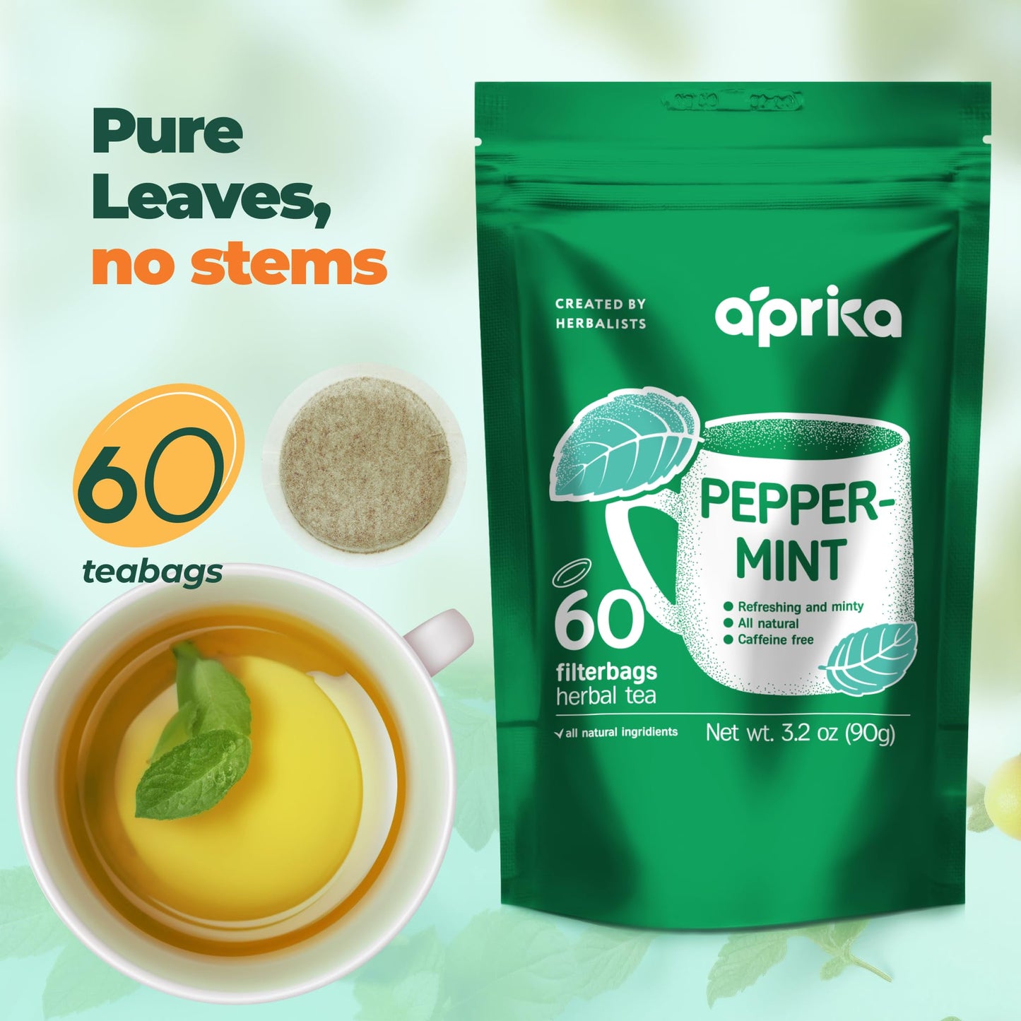 Aprika Life 100% Pure Peppermint Tea Bags, Caffeine-Free, 60 Count, Peppermint Flavor, Model AL-PMT01