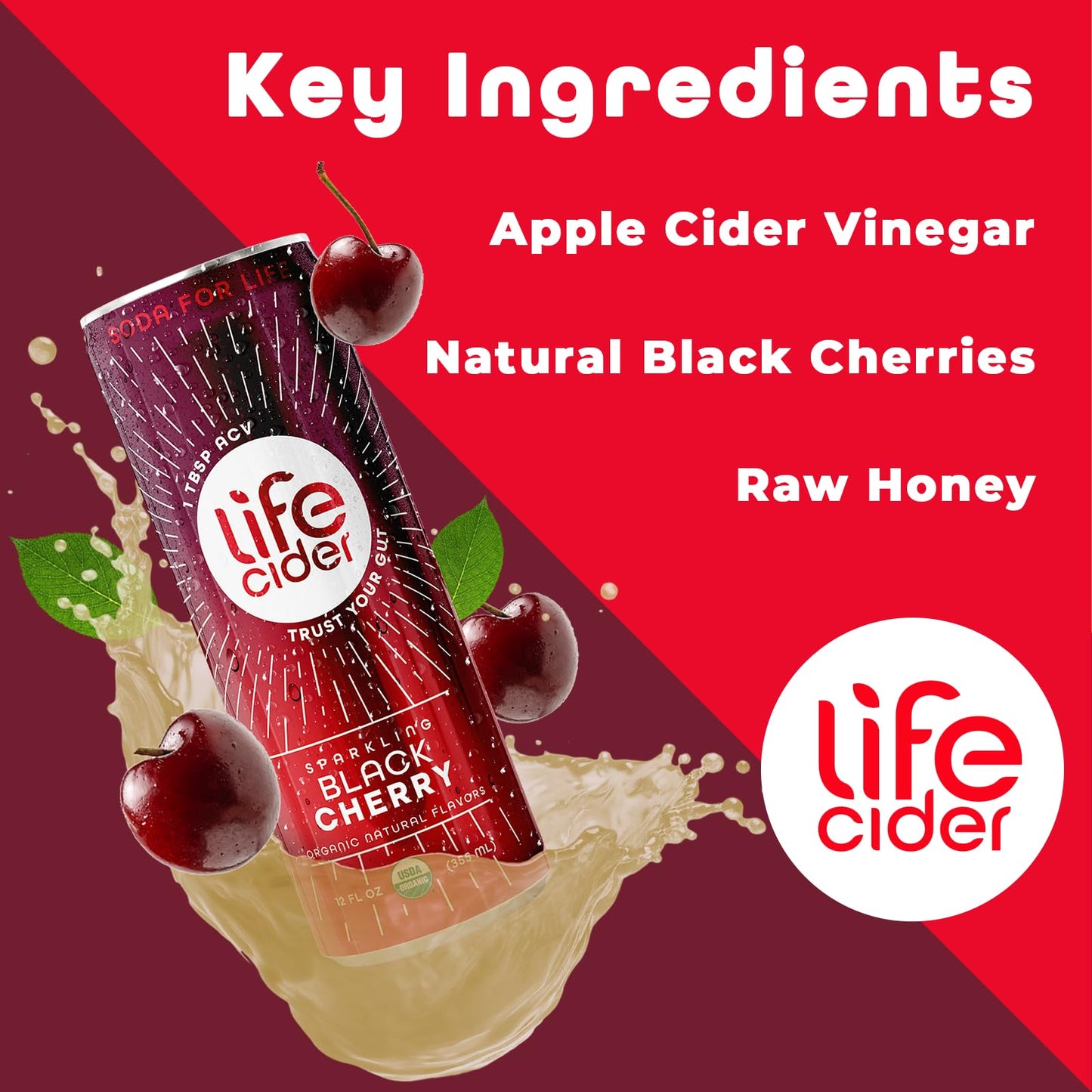 LIFE CIDER Black Cherry Apple Cider Vinegar Soda, 12 Pack, Organic Sparkling Drink, Promotes Gut Health, Natural Flavors