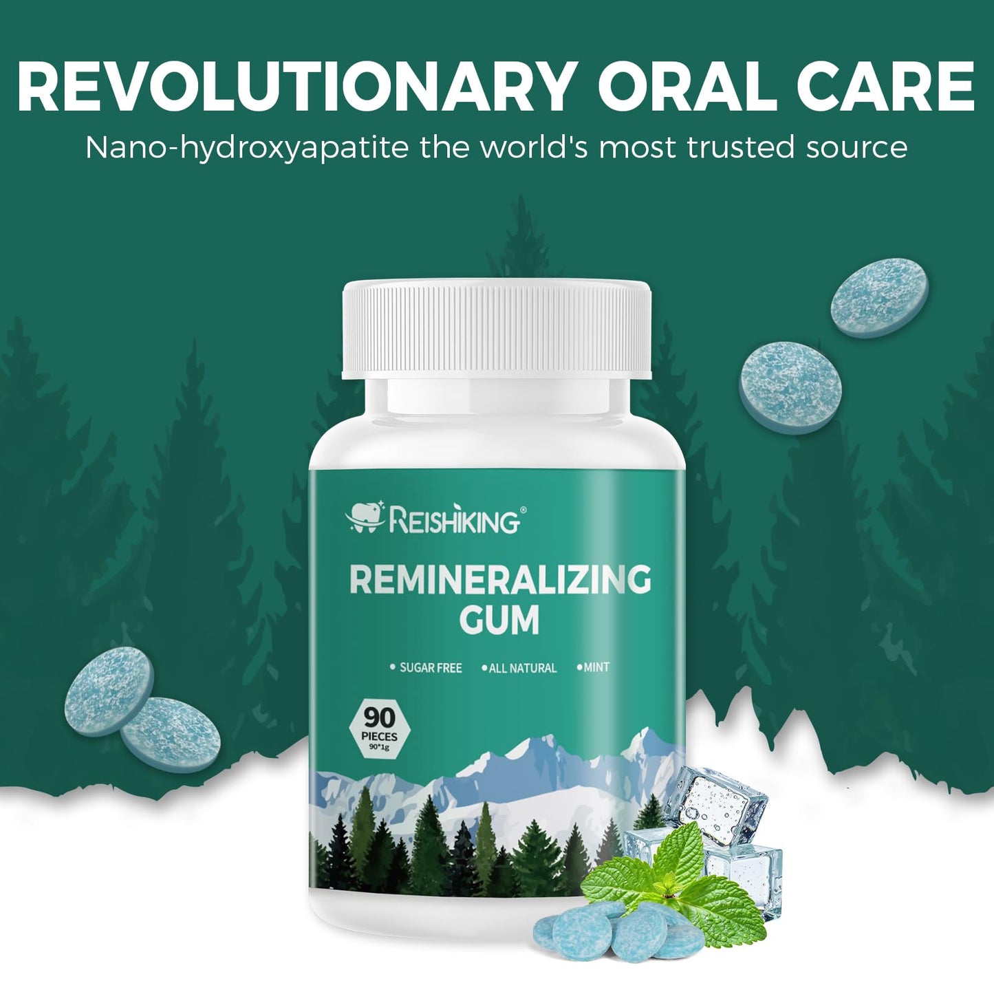 REMINERALIZING GUM  90 Pieces  Teeth Remineralization  Sugar-Free Chewing Gum with Xylitol  Mint Flavor  Two pills after meals to freshen breath and clean teeth (1pcs)