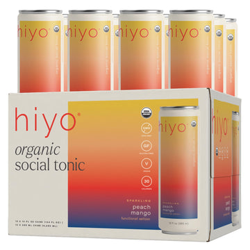 Hiyo Organic Social Tonic - Peach Mango, 12 Pack - N.A. Functional Seltzer, Sparkling Water Crafted with Organic Adaptogens, Noo
