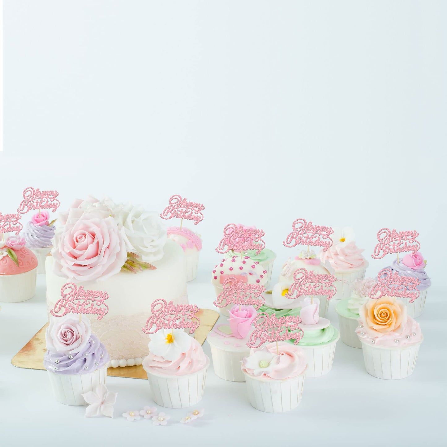 24Pcs Happy Birthday Cupcake Toppers Pink Glitter Birthday Cupcake Food Picks For Celebrating Happy Birthday Party Cake Decorati
