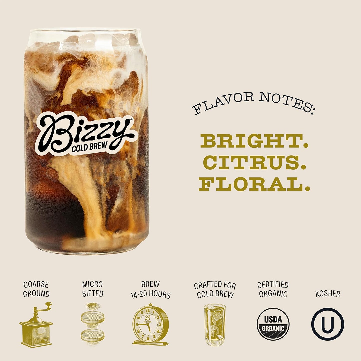 Bizzy Organic Cold Brew Coffee - Light & Bright Blend, Coarse Ground, Specialty Grade, 1 LB, 100% Arabica, Yellow