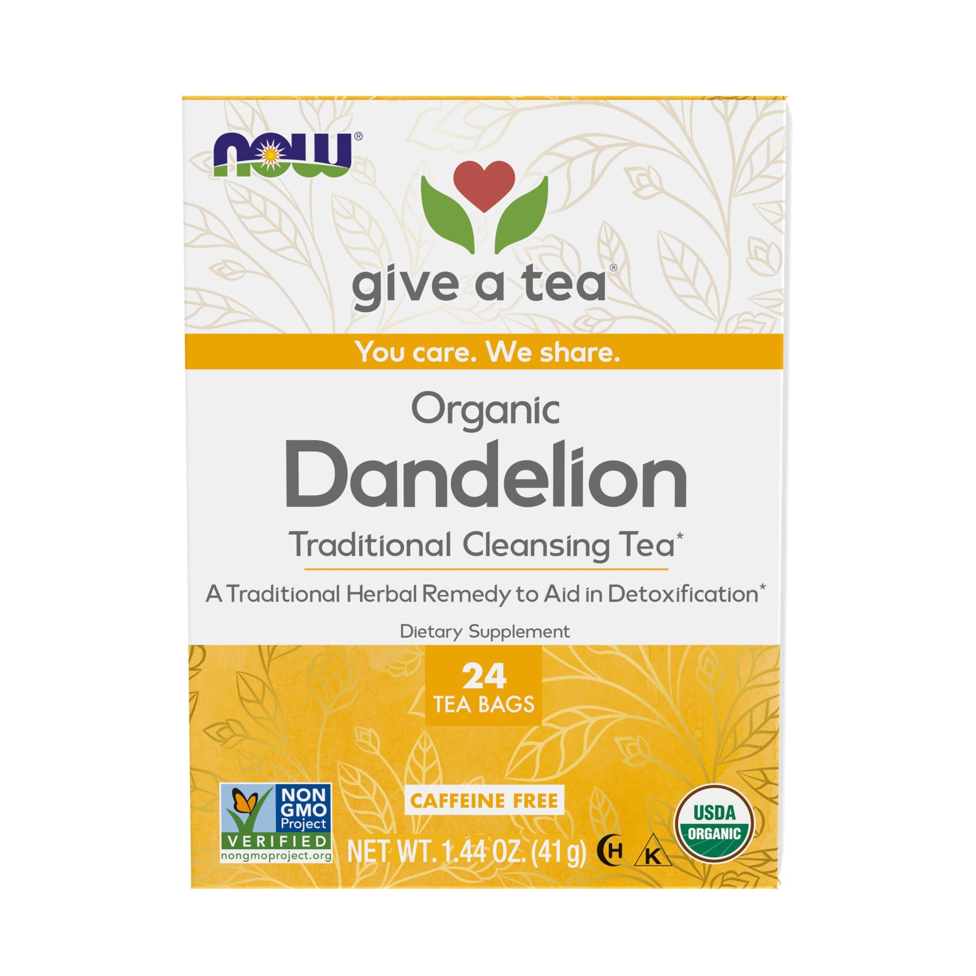 NOW Foods, Certified Organic Dandelion Traditional Cleansing Herbal Tea, Caffeine-Free, Non-GMO, enhanced Unbleached Tea Bags with No-Staples Design, 24-Count