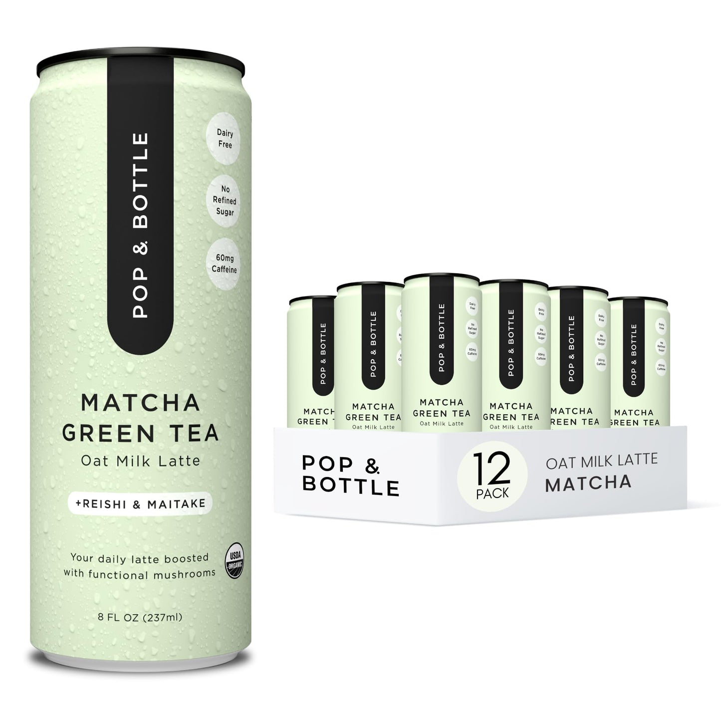 Pop & Bottle Oat Milk Lattes, Matcha with Reishi & Maitake, Dairy Free, 8 Fl Oz (Pack of 12)