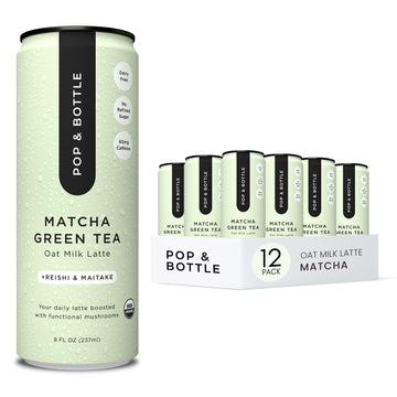Pop & Bottle Oat Milk Lattes, Matcha with Reishi & Maitake, Dairy Free, 8 Fl Oz (Pack of 12)