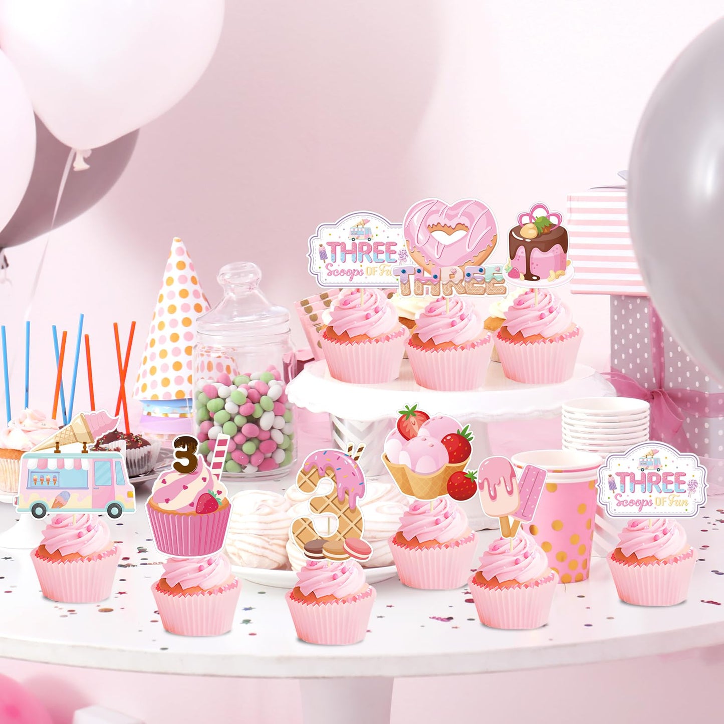 Ice Cream Birthday Party Decorations - Joybileefun 40Pcs Three Scoops Of Fun Birthday Decorations Cupcake Toppers 3Rd Birthday D