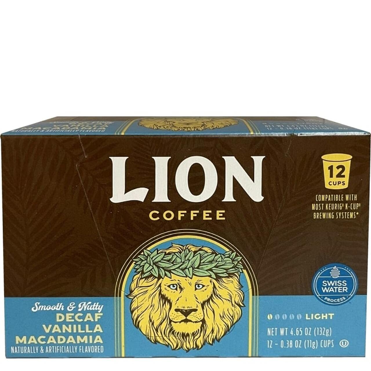 Lion Coffee Swiss Water Decaf Vanilla Macadamia Coffee Pods - Medium Roast - 12 Count Box - Compatible with Single-Serve Systems