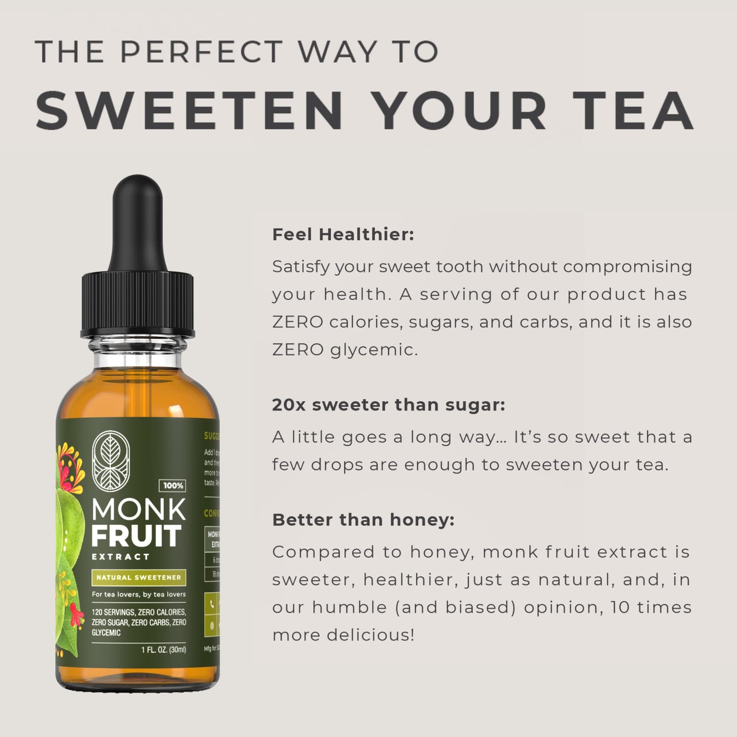 Monk Fruit Sweetener Liquid - 100% Monk Fruit Extract - Zero Calories & Sugars No Added Water Keto-Friendly Designed For Tea Lov